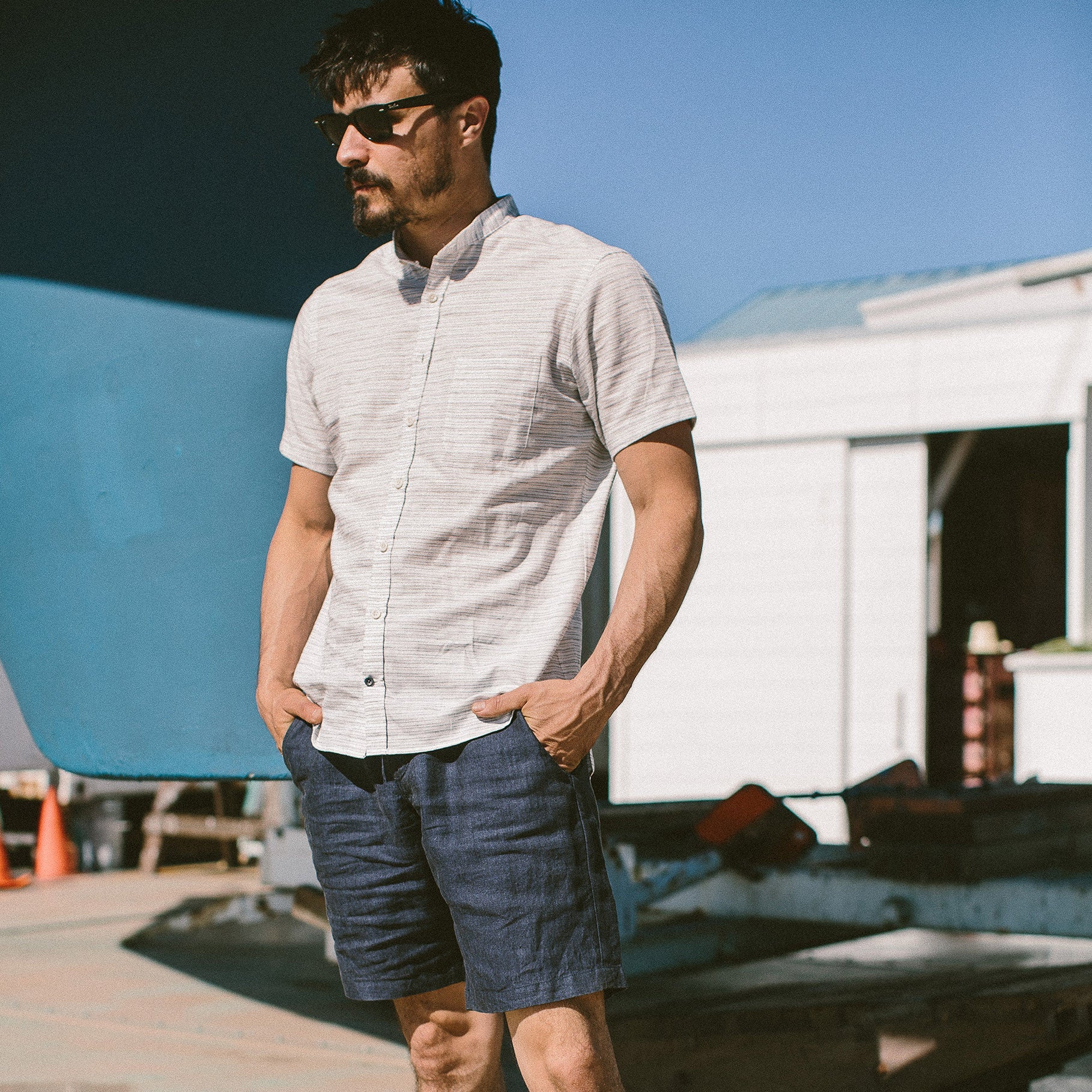 The Bandit in White & Navy Slub Stripe