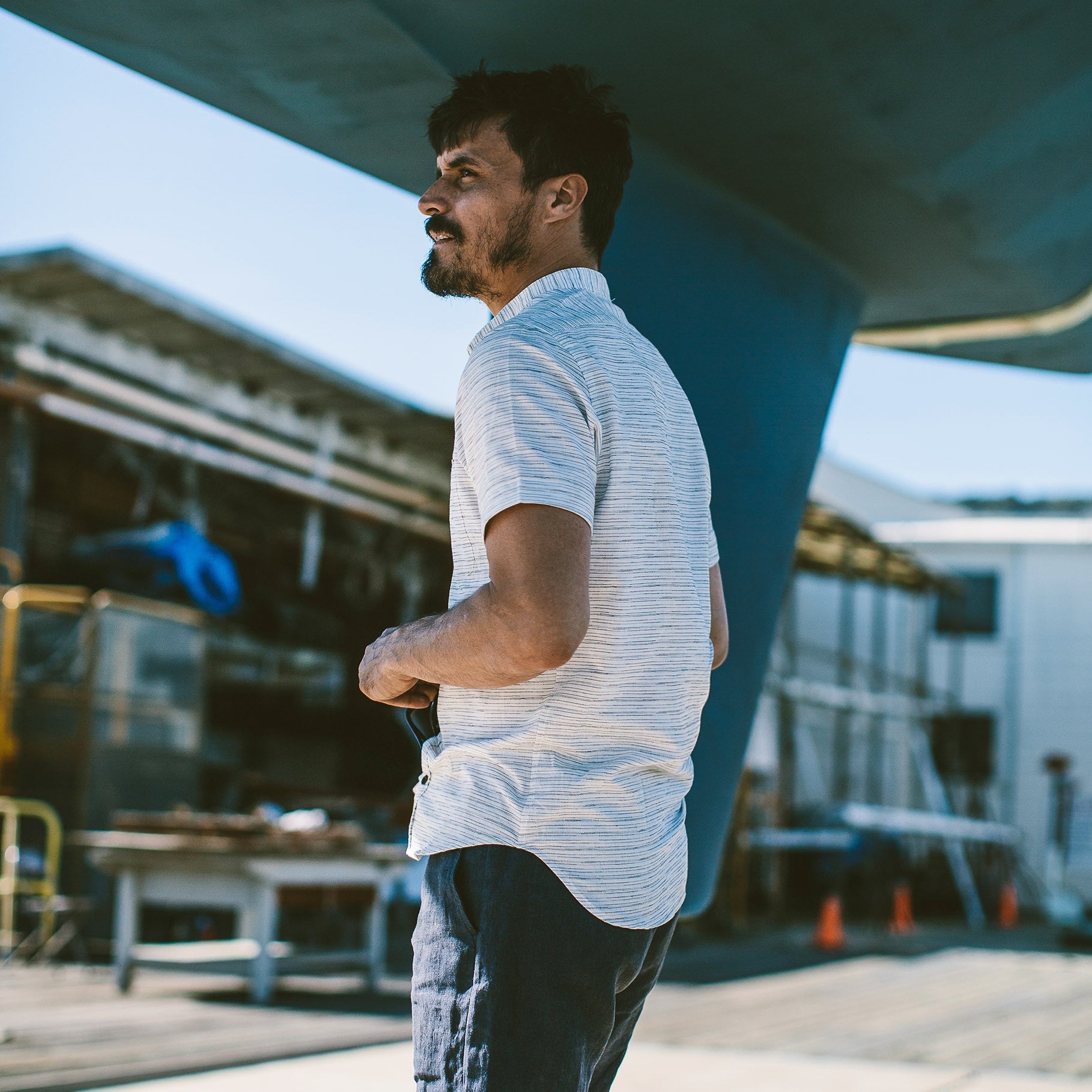 The Bandit in White & Navy Slub Stripe
