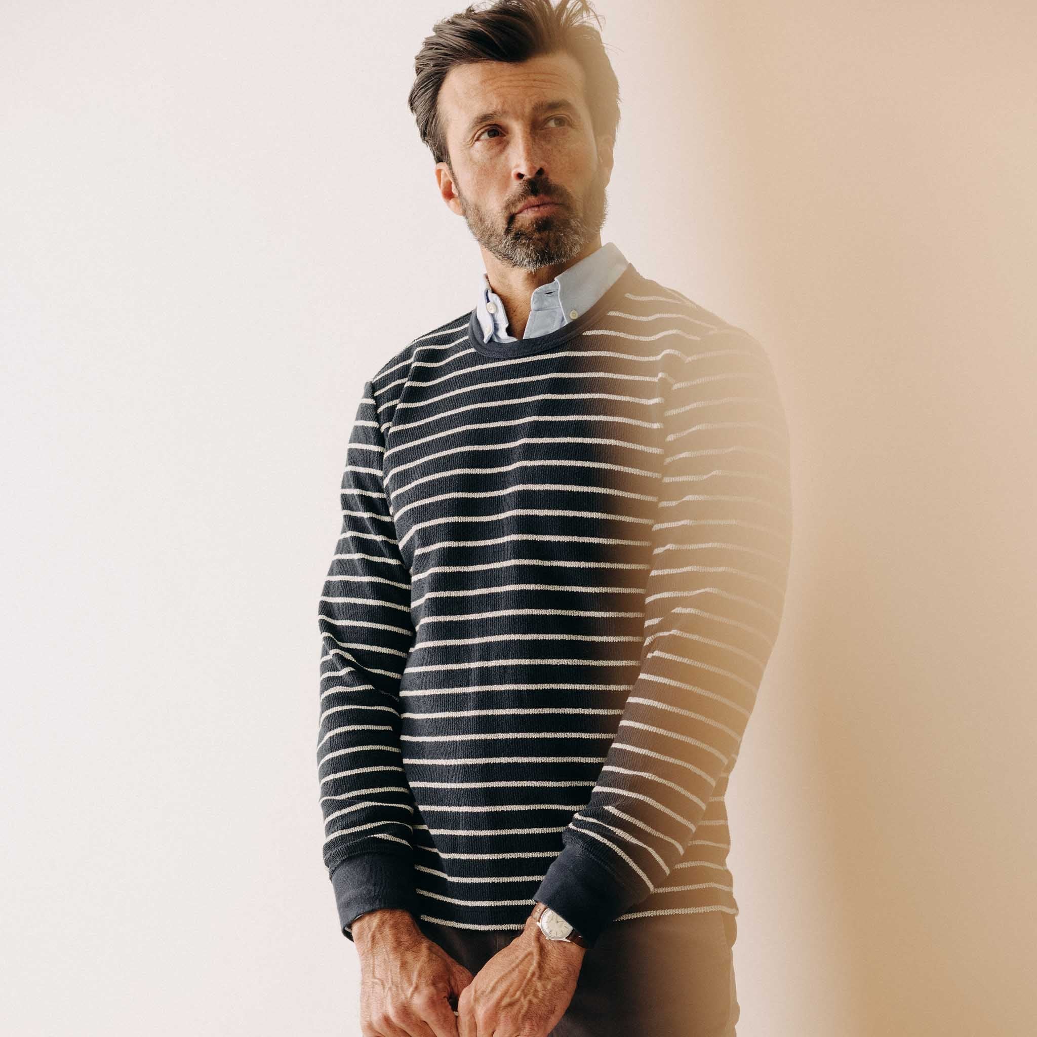 The Adams Crew in Dark Navy Stripe Reverse Terry