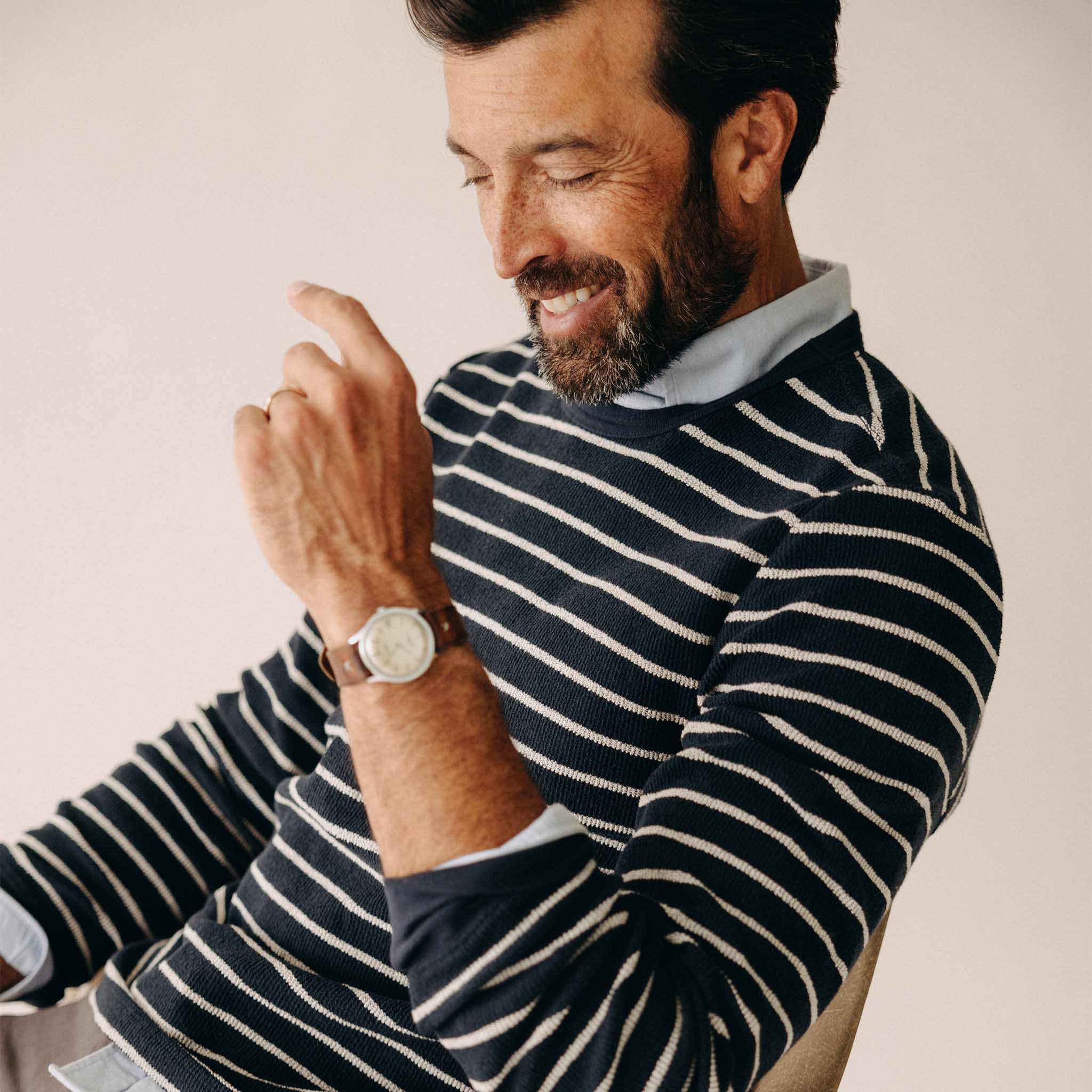 The Adams Crew in Dark Navy Stripe Reverse Terry