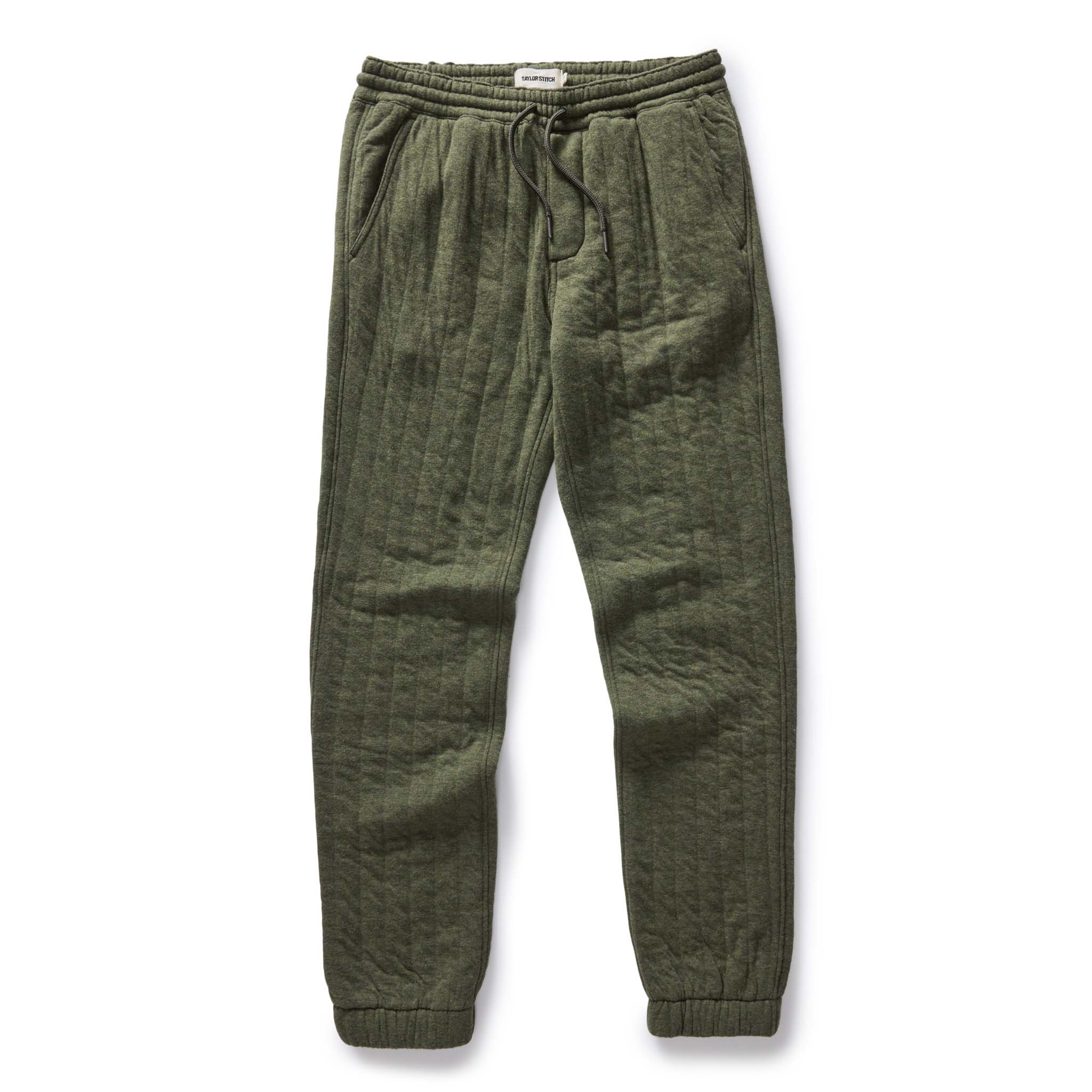 The Apres Pant in Heather Fatigue Olive Quilted Jersey